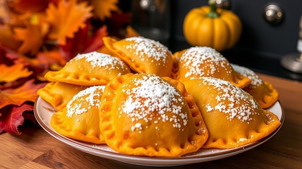 Delicious Pumpkin Empanadas Recipe Baked Pumpkin Empanadas on a plate, dusted with powdered sugar, surrounded by autumn leaves.